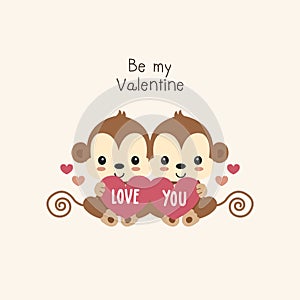 Valentines greeting card. Monkey boy and girl holding hearts.