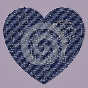 Valentines Heart as Blue Jeans denim Element. Vector Patch, Fragments on pink Background.