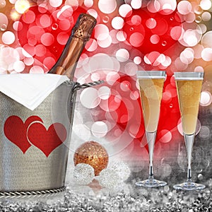 Valentines Heart Background With Champagne In Vintage Silver Bucket