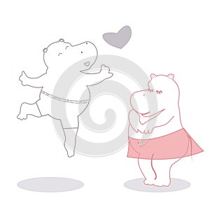 Valentines illustration with two contour hippos and heart