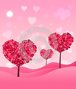 Valentines landscape background with a forest tree made of hearts. Beautiful pink plant of love with Lettering love you