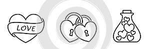 valentines line icons. heart with ribbon, padlock locked hearts and love potion. love and romantic symbols