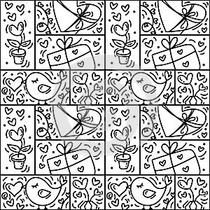 Valentines logo vector seamless pattern love, bird, heart and gift box line. Hand drawn monoline constructor for