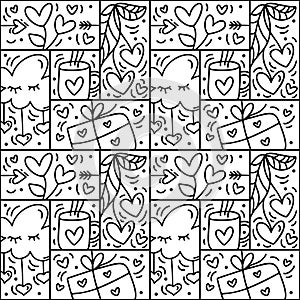 Valentines logo vector seamless pattern love, cup, cloud, heart and gift box line. Hand drawn monoline constructor for