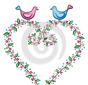 Valentines love birds with floral heart