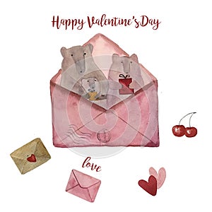Valentines love letters with cute fairy animals bears, hearts envelope lovely watercolor set illustration.