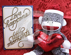 Valentines love, love happens in the little moments, SOCK MONKEY with red heart