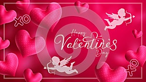 Valentines postcard vector design. Happy valentine`s day typography text with hearts and cupid silhouette in greeting card.