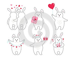 Valentines rabbit cartoon set for greeting card