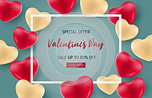 Valentines sale banner template with heart shape balloon. Special offer up to 80% off