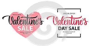 Valentines Sale promotional labels templates set. Valentine`s Day special offer text design with hand lettering for business.