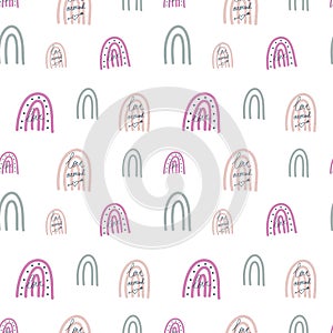 Valentines seamless pattern with love, amor and pastel rainbows.