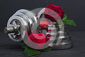 Valentines sports background with dumbbell, rose and heart box.