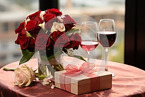 Valentines symbols Red rose, wine, and a gift box, love and romance