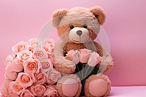 Valentines teddy bear clutches pink roses against a romantic pink backdrop