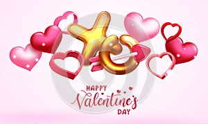 Valentines vector background design. Happy valentine`s day text with floating gold balloons, hearts and arrow romantic elements.