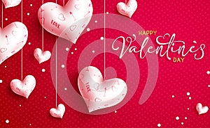 Valentines vector background design. Happy valentine`s day text with hanging pattern hearts in red space for romantic greeting.