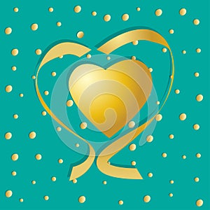 Valentines vector card. Golden hearts, ribbons on a green background.