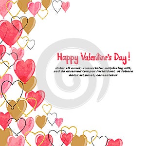 Valentines watercolor hearts balloons border for your design.