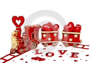 Valentines on white background, old red Valentine`s train