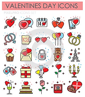 Valentiness day color outline icons set on white background for graphic and web design, Modern simple vector sign. Internet