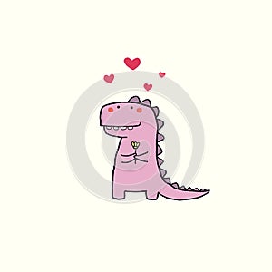 Valentineâ€™s day card with cartoon little cute dinosaur holding a flower with heart. Vector illustration for poster or