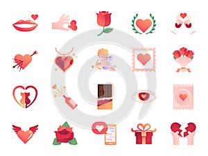 Valentineâ€™s day colors icon set. Included the icons as Valentine, love, cupid, heart, couple, relationship, dating and more.