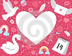 Valentineâ€™s day greeting card template with cute dove, swan, letter, calendar. Love holiday poster or invitation for kids with