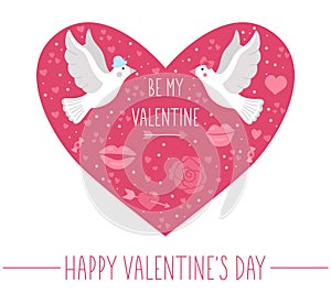 Valentineâ€™s day greeting card template with cute doves, flowers, lips. Love holiday poster or invitation for kids in heart shape
