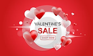 Valentineâ€™s day sale banner design with red and pink 3D heart balloons on red background, graphic design . Vector illustrator