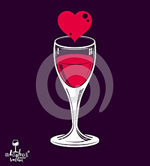 Valentineâ€™s day theme vector illustration placed on dark background. Design wineglass with loving heart, romantic rendezvous co