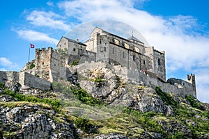 The Valere basilica close-up scenic view on rocky hill with clear blue sky in Sion Switzerland