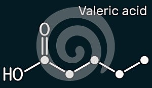 Valeric acid, pentanoic acid or valerate molecule. Skeletal chemical formula on the dark blue background