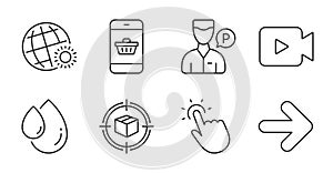 Valet servant, Next and Smartphone buying icons set. Touchpoint, World weather and Video camera signs. Vector