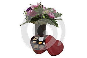Valetines heart shaped box of chocolate and flowers