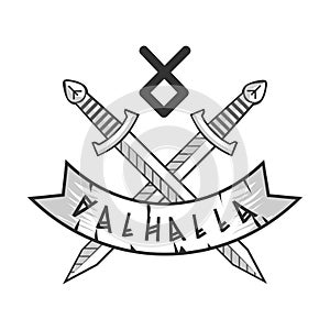 Valhalla logotype with crossed monochrome swords and rune