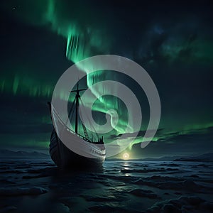 Valhalla viking ship flying to the moon through aurora northern lights