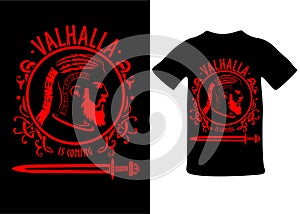 Valhalla is coming, viking silhouette with scandinavian knots and sword, t-shirt print, sticker. Vector illustration photo