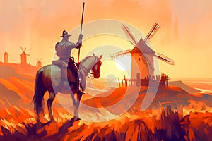 A valiant knight, Don Quixote, confronts iconic windmills at sunset, embodying the eternal struggle against imaginary foes