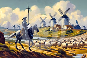 A valiant knight, Don Quixote, confronts iconic windmills at sunset, embodying the eternal struggle against imaginary foes