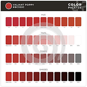 Valiant Poppy / Color Palette Ready for Textile. Hue, Tints, Tones and Shades Guide.