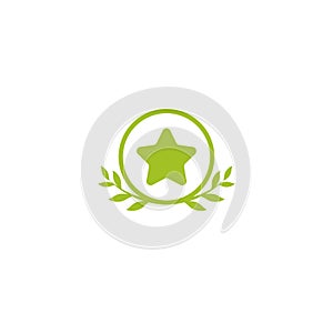 Valid Seal icon. Green circle with leaves laurel and star. Isolated on white. ecology medal, eco friendly sticker icon