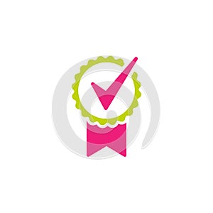 Valid Seal icon. Green and pink circle with ribbon and white tick. Quality guarantee