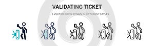 Validating ticket icon in filled, thin line, outline and stroke style. Vector illustration of two colored and black validating