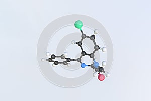 Valium molecule made with balls, isolated molecular model. 3D rendering photo