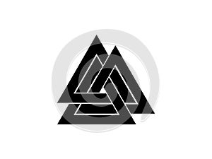 Valknut is a symbol of the world`s end of the tree Yggdrasil. Sign of the god Odin. Norse culture. Triangle logo. Vector