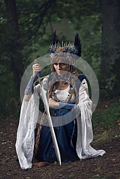 Valkyrie warrioress in magpie costume.