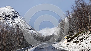 Valldal side of Trollstigen road in snow in Norway