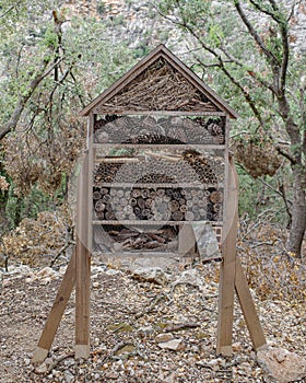 Valldemossa, Spain - 11 June, 2023: An insect hotel in the Tramontana Mountains, Mallorca