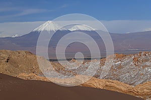 Valle de la Luna (Valley of the Moon) and snow-covered volcanoes, Atacama Desert, Chile